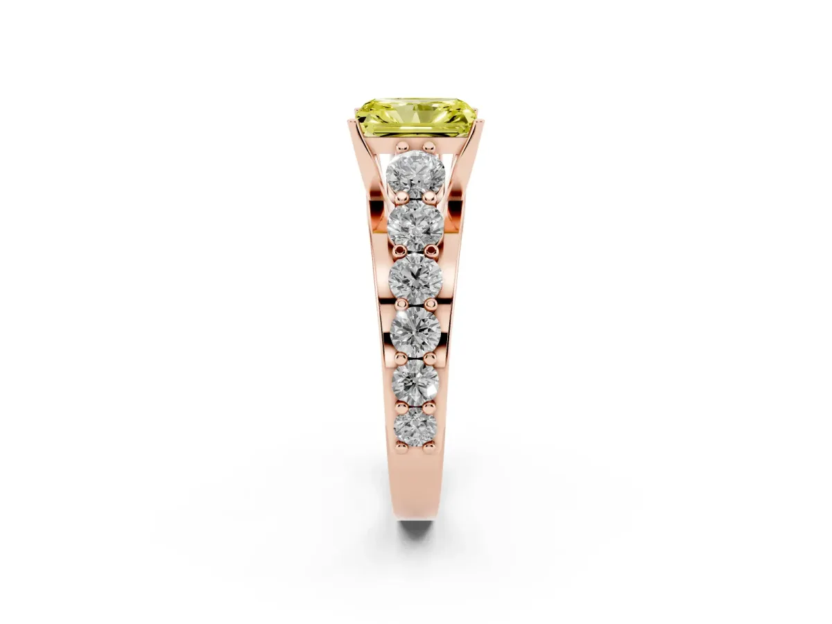Fancy Yellow Radiant Cut Diamond Engagement Ring with Pavé Band and Four-Prong Setting Rose gold