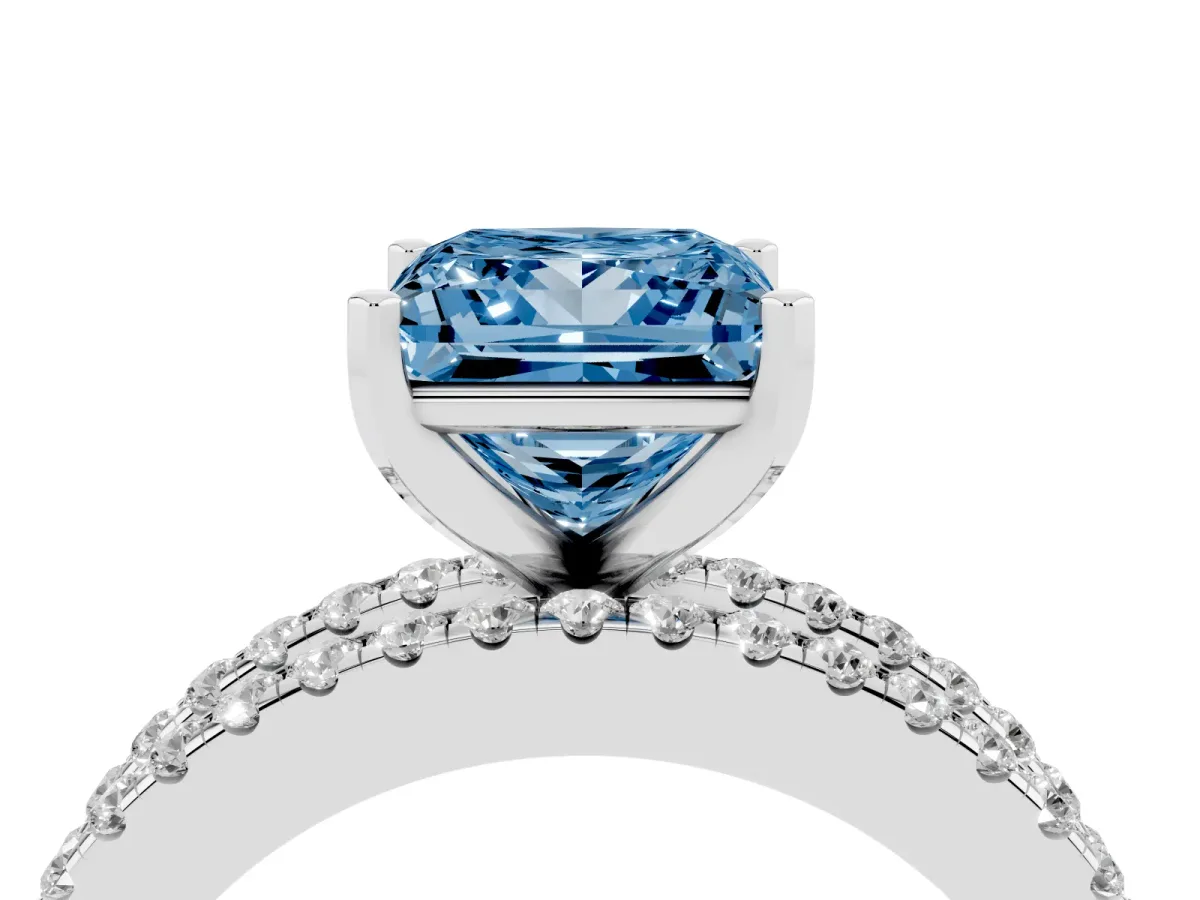 Fancy Blue Princess Cut Diamond Solitaire Ring with Pavé and Channel Set Band Silver