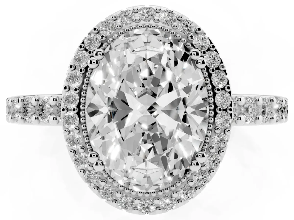 Oval Cut Cut Diamond Halo Engagement Ring with Milgrain Detail and Pavé Band White gold