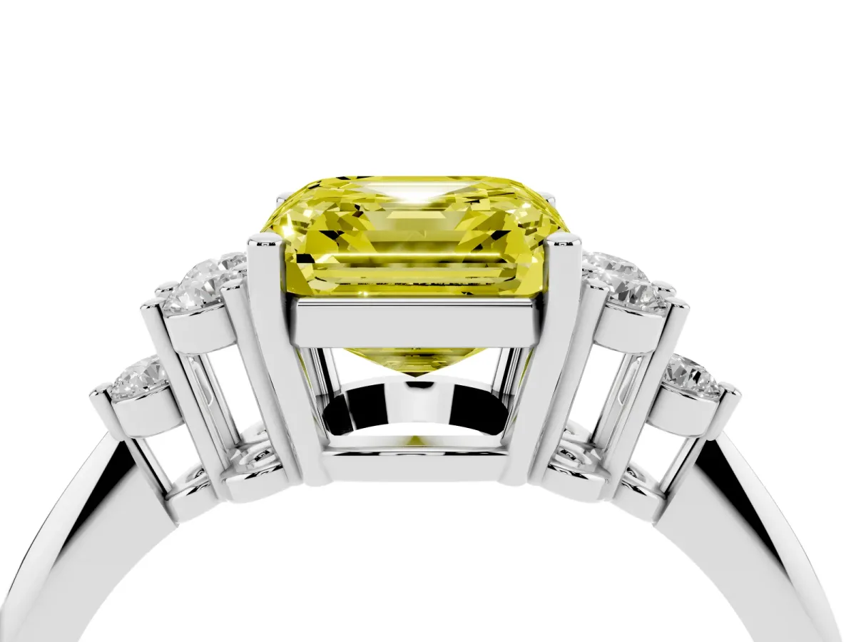 Fancy Yellow Asscher Cut Cut Diamond Cluster Ring with Solitaire Band and Four-Prong Setting Silver