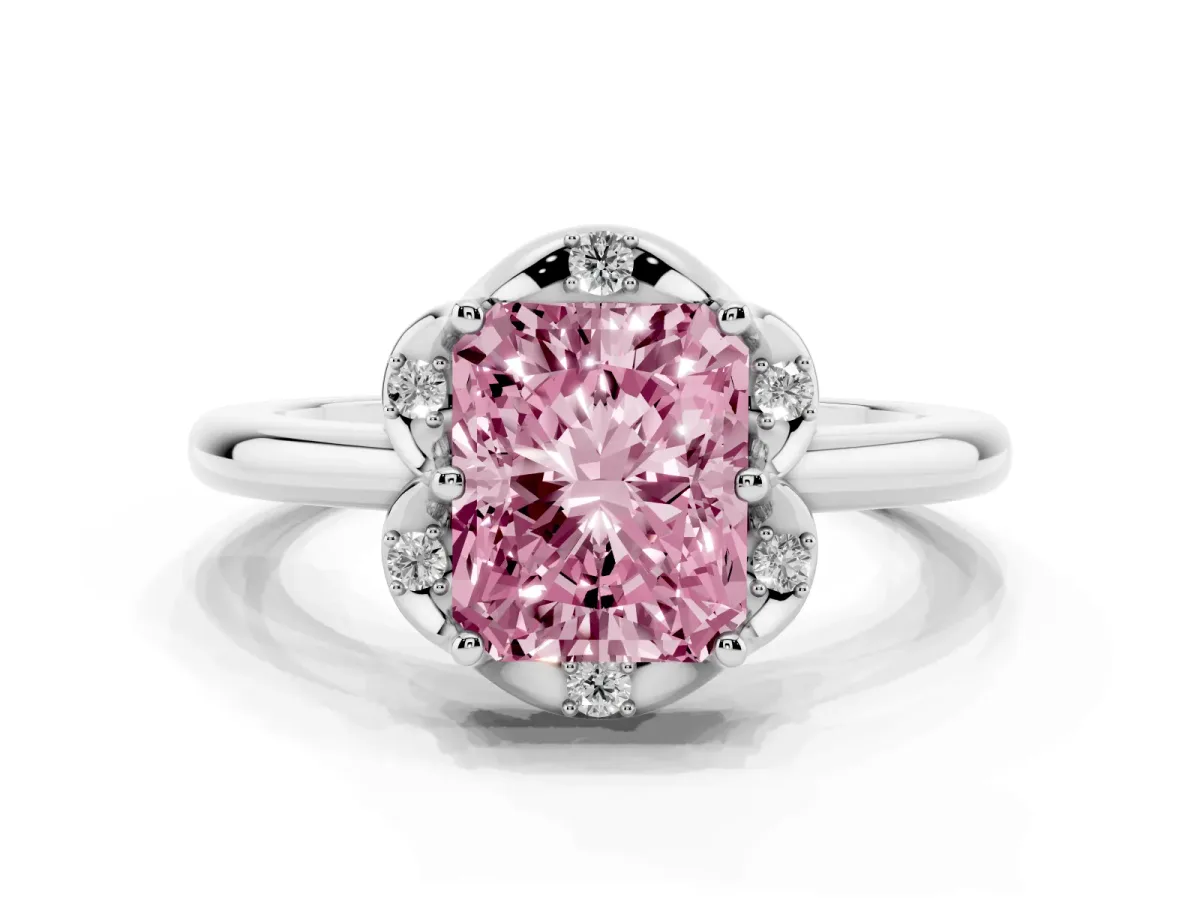 Fancy Pink Radiant Cut Halo Diamond Ring with Round Cluster Setting, Solitaire Band, and Four-Prong Setting White gold