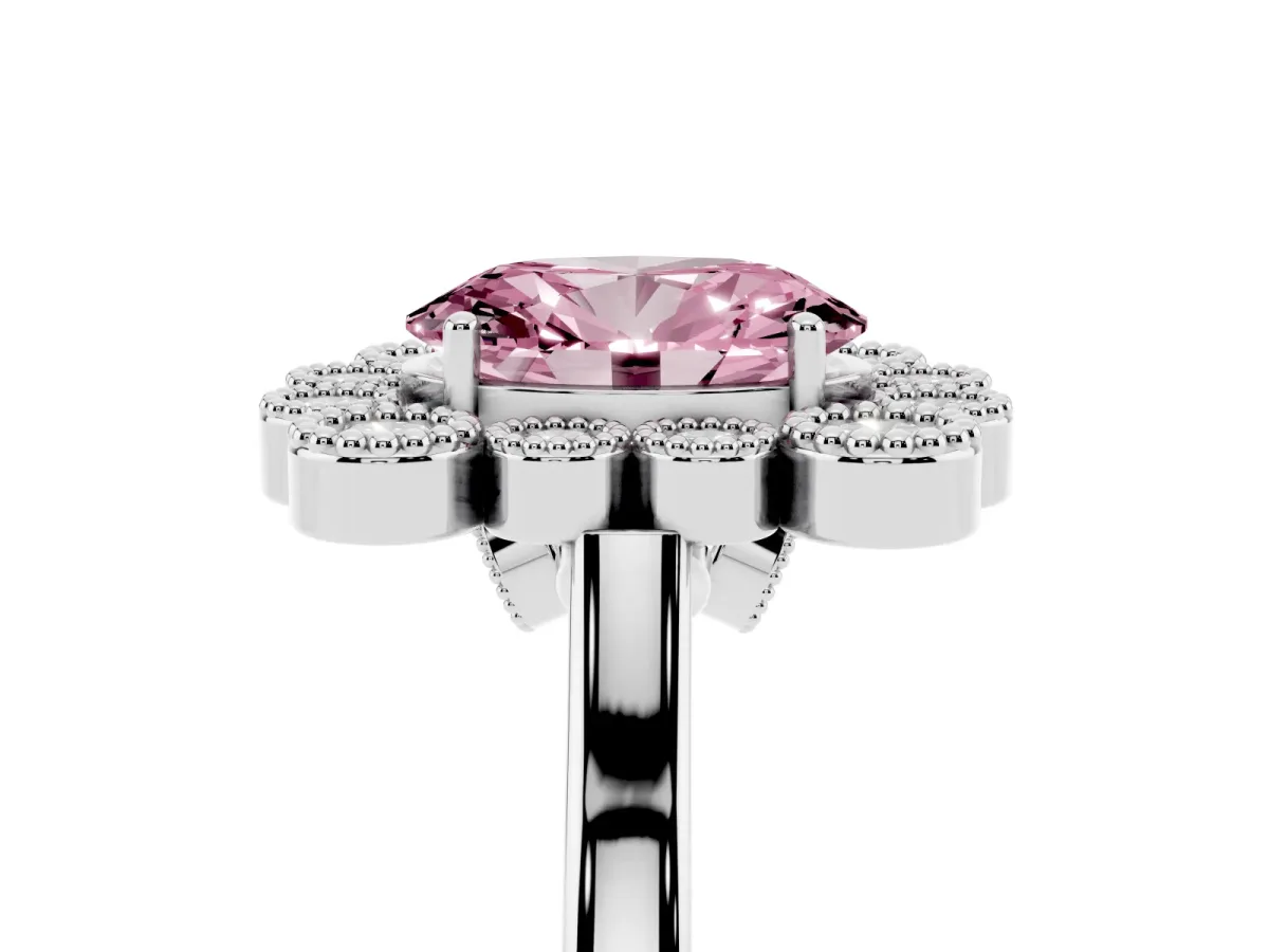 Fancy Pink Oval Cut Halo Diamond Cluster Engagement Ring with Milgrain Bezel Setting and Solitaire Band White gold