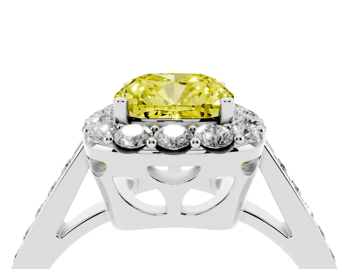 Fancy Yellow Cushion Cut Diamond Floral Halo Ring with Pavé Band and Prong Setting Platinum