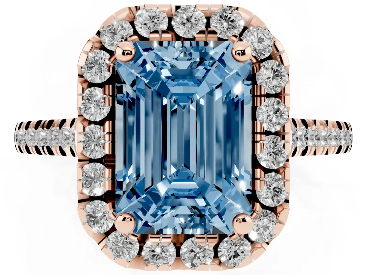 Fancy Blue Emerald Cut Diamond Cushion Halo Ring with Pavé Band Rose gold