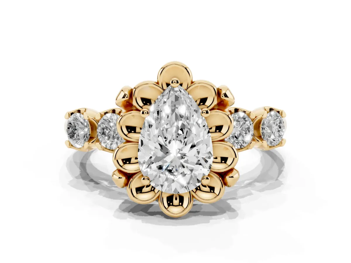 Pear Cut Cut Diamond Floral Halo Engagement Ring with Shared Prong Setting Yellow gold