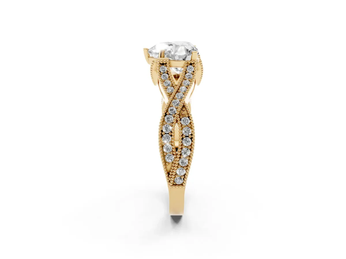 Heart Cut Cut Diamond Twisted Band with Milgrain Pave Setting and Four-Prong Setting Yellow gold