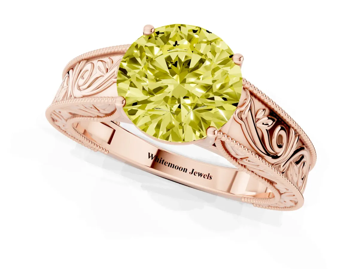 Fancy Yellow Round Cut Diamond Solitaire Ring with Engraved Band and Four-Prong Setting Rose gold
