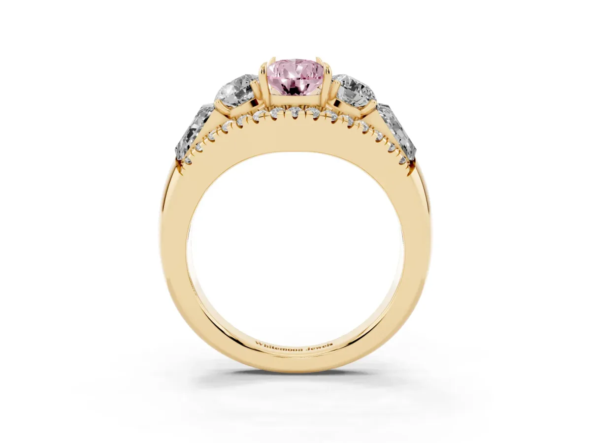 Fancy Pink Three-Stone Pear Cut Diamond Engagement Ring with Pave Band and Prong Setting Yellow gold