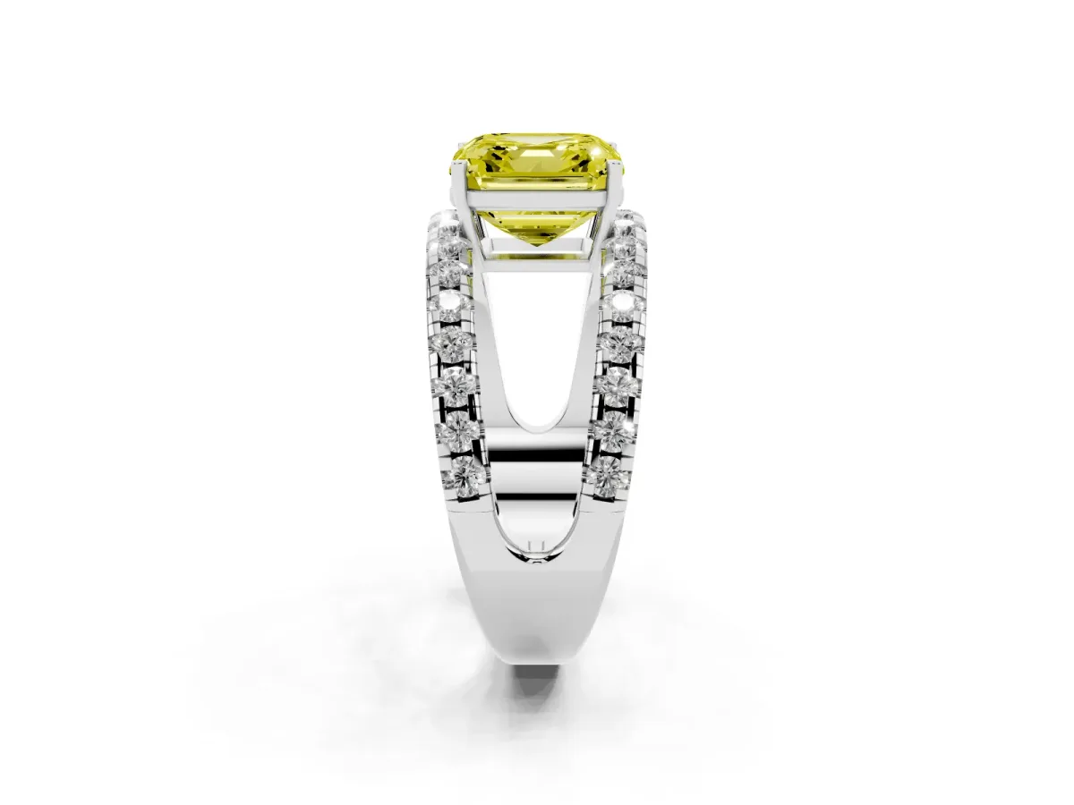 Fancy Yellow Asscher Cut Solitaire Split Shank Pave Diamond Ring Silver