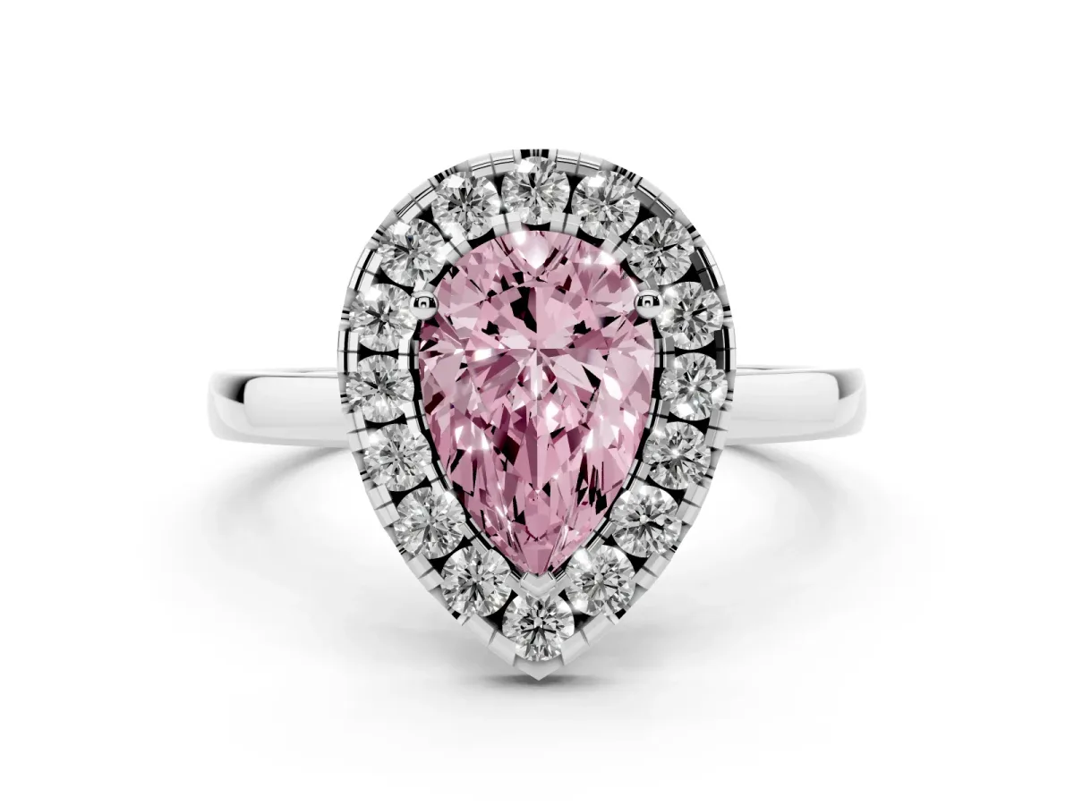 Fancy Pink Pear Cut Halo Diamond Solitaire with Pavé Band and Four-Prong Setting Platinum