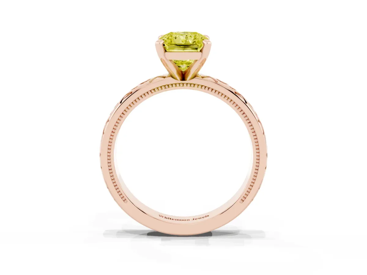 Fancy Yellow Radiant Cut Solitaire Engagement Ring with Scrollwork Band and Four-Prong Setting Rose gold