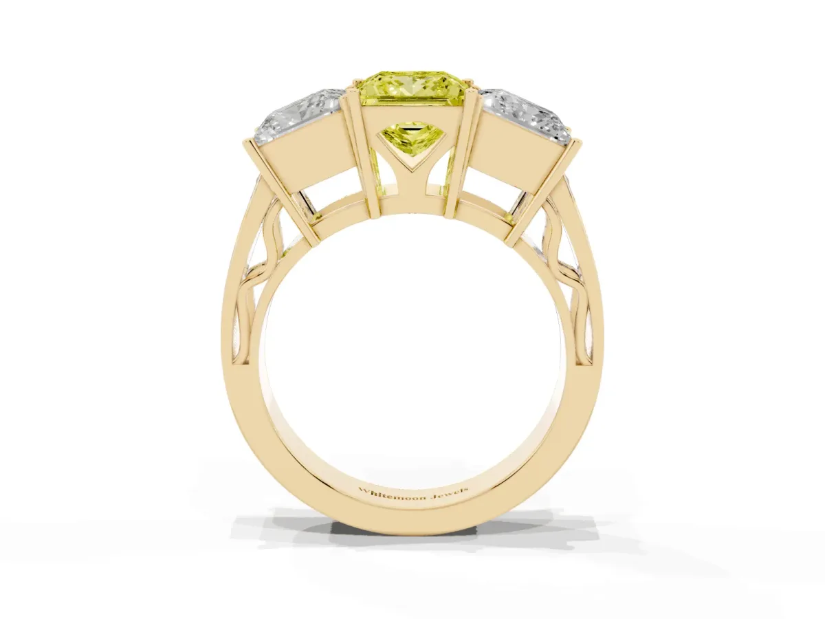 Fancy Yellow Princess Cut Diamond Three-Stone Ring with Prong Setting and Textured Band Yellow gold