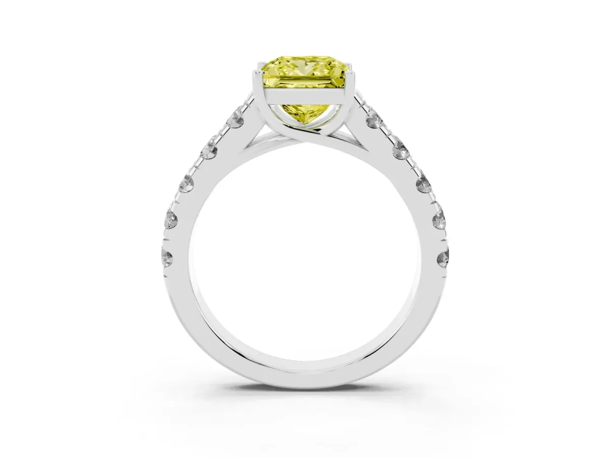 Fancy Yellow Princess Cut Cut Diamond Solitaire Ring with Micro Pave Band and Prong Setting Silver