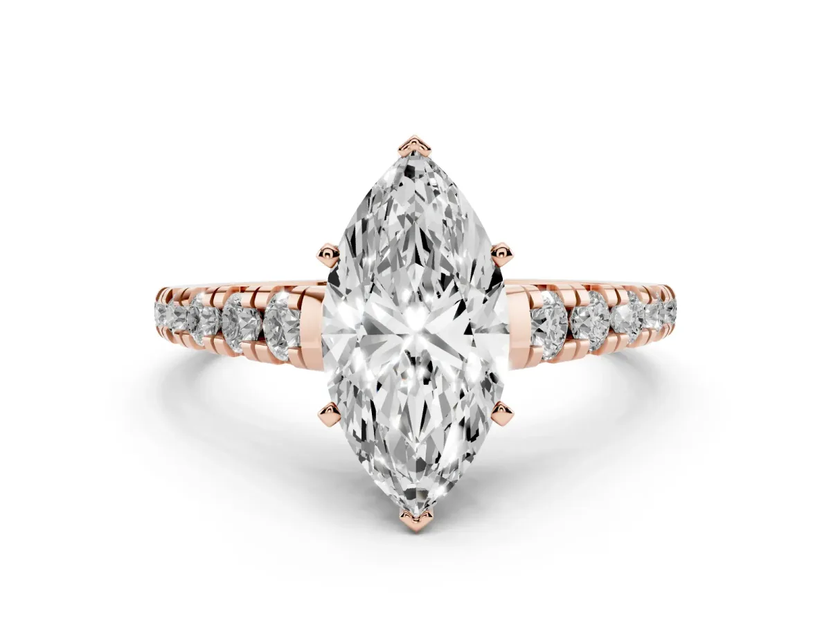 Marquise Cut Diamond Cathedral Solitaire Ring with Round Pavé Band Rose gold