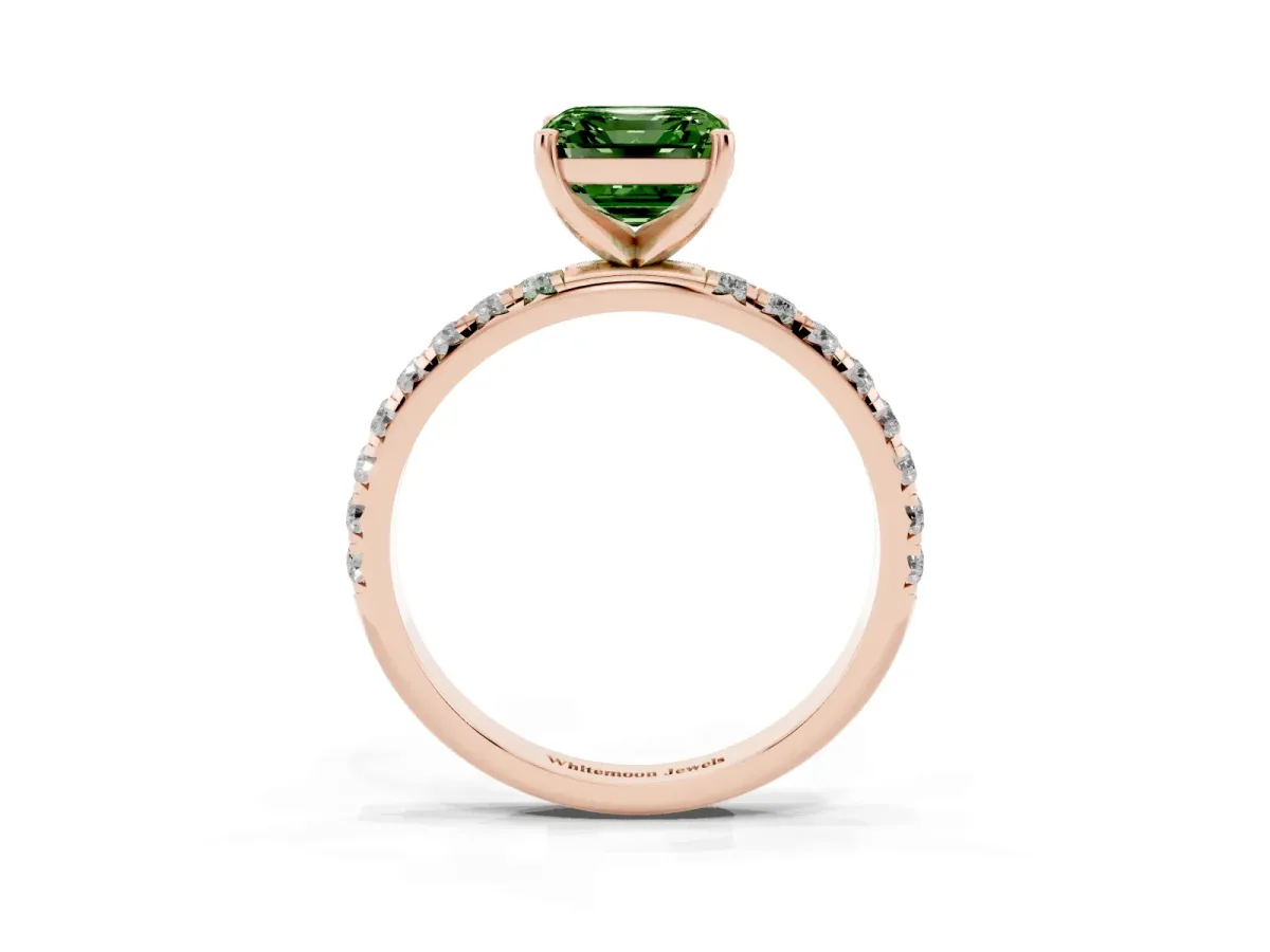 Fancy Green Asscher Cut Cut Diamond Solitaire Ring with Micro Pave Band and Four Prong Setting Rose gold