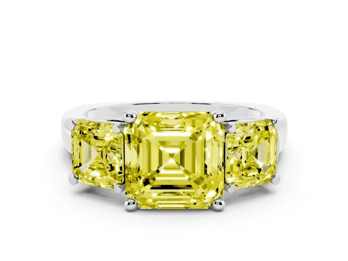 Fancy Yellow Three-Stone Asscher Cut Brilliant Diamond Trellis Ring with Comfort Fit Band Silver