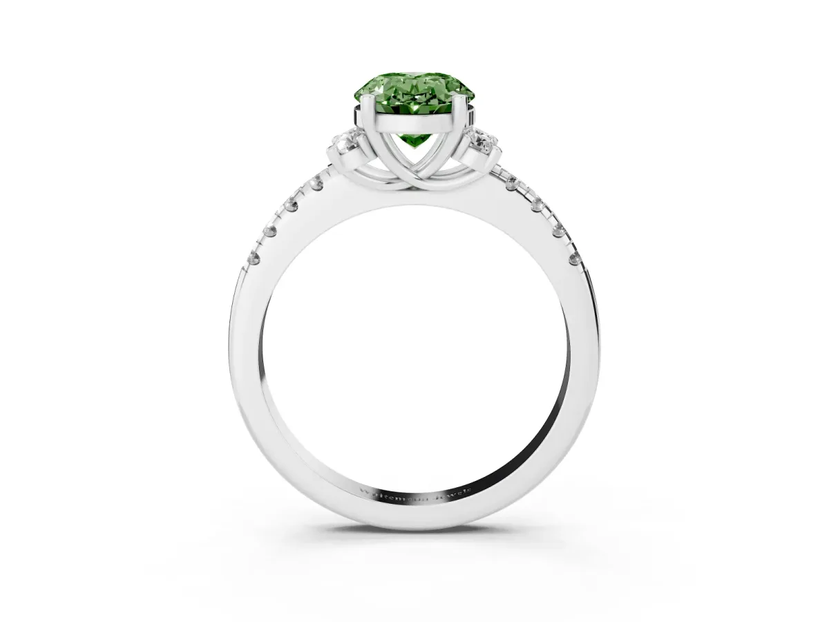 Fancy Green Oval Cut Diamond Three-Stone Pave Band with Four-Prong Setting Platinum
