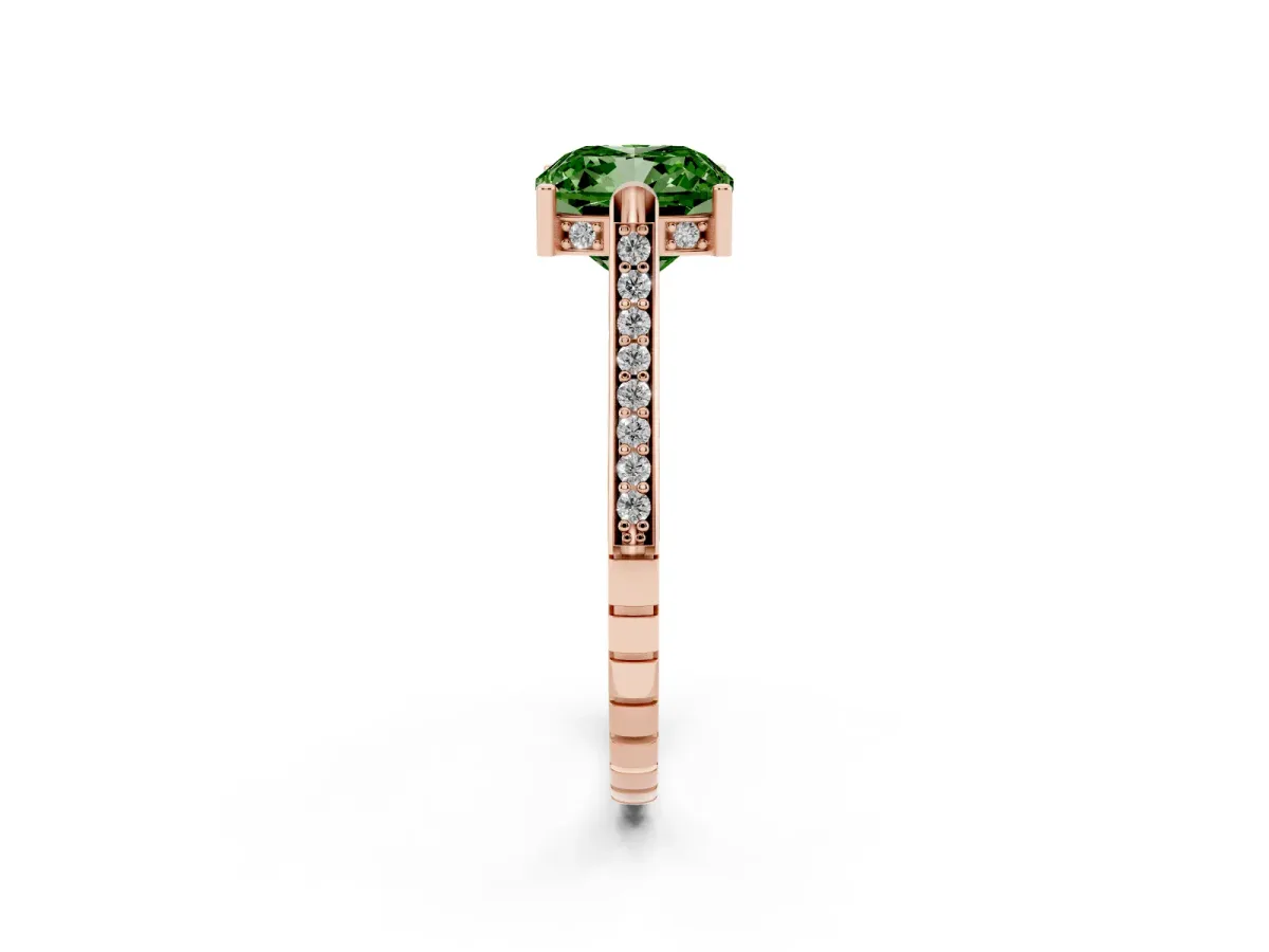 Fancy Green Cushion Cut Solitaire Diamond Ring with Channel Set Band and Bezel Prong Setting Rose gold