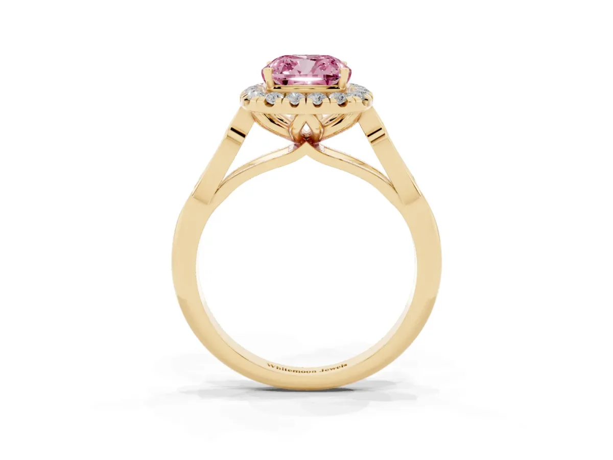 Fancy Pink Cushion Cut Halo Diamond Engagement Ring with Filigree Band and Four-Prong Setting Yellow gold