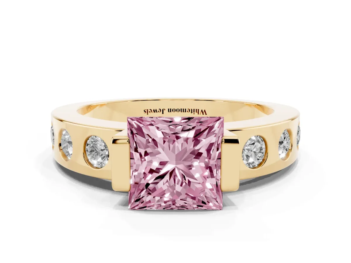 Fancy Pink Princess Cut Brilliant Channel-Set Diamond Ring with Bezel Prong Setting Yellow gold