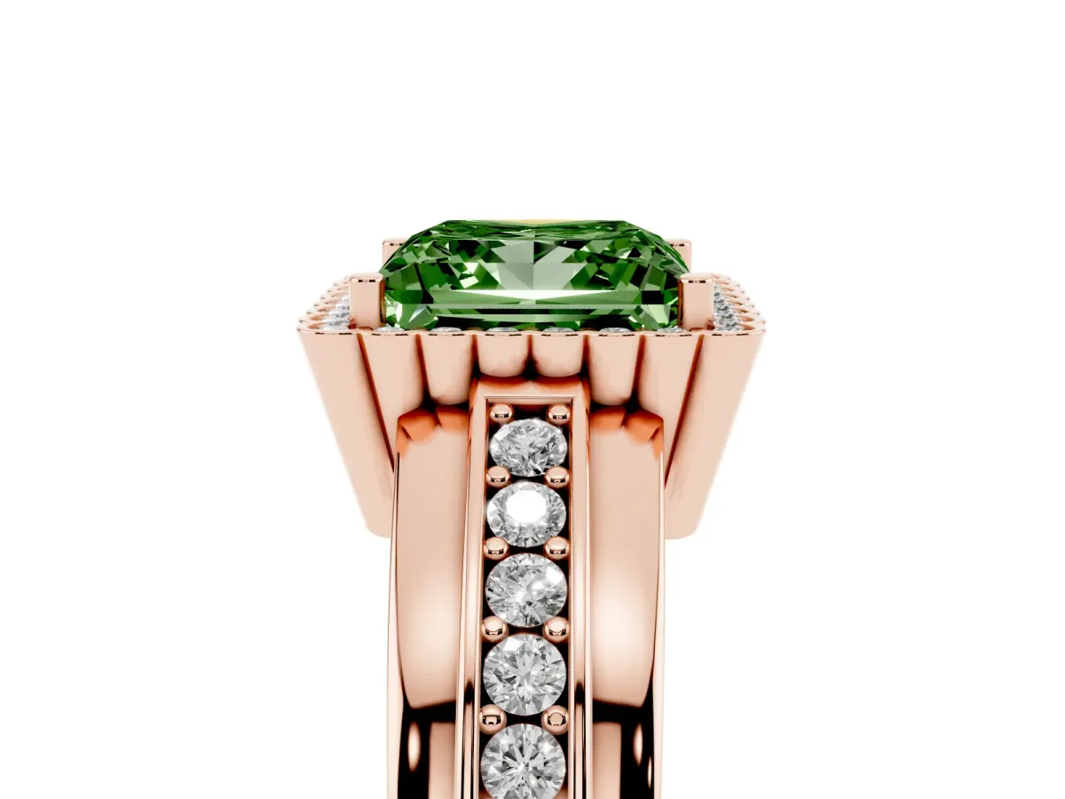 Fancy Green Princess Cut Cut Halo Pave Band Four-Prong Ring Rose gold
