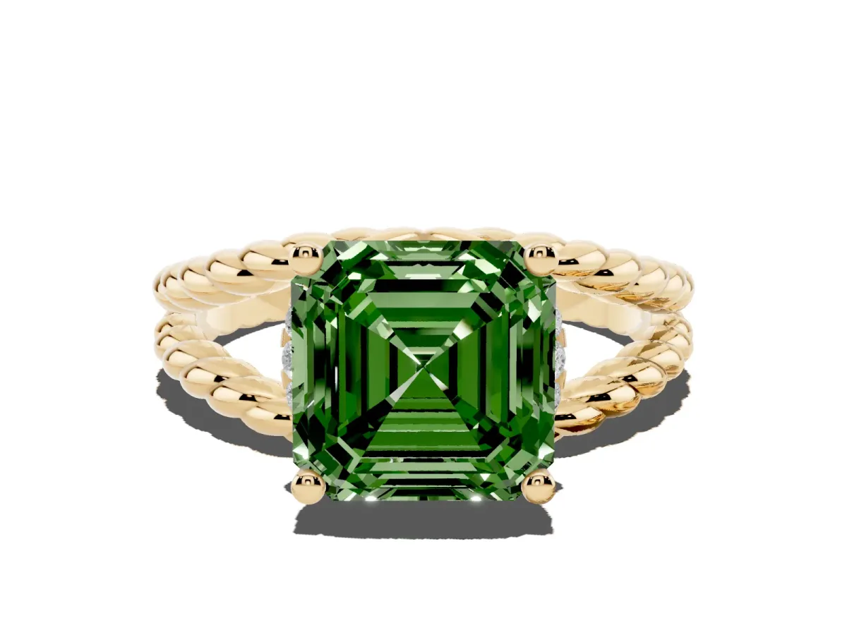 Fancy Green Asscher Cut Halo Twisted Band Four-Prong Ring Yellow gold