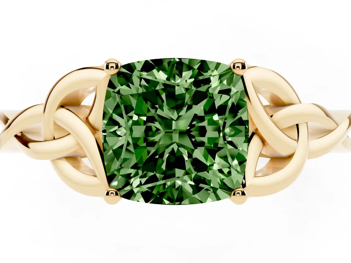 Fancy Green Cushion Cut Diamond Solitaire Engagement Ring with Celtic Knot Band and Four-Prong Setting Yellow gold
