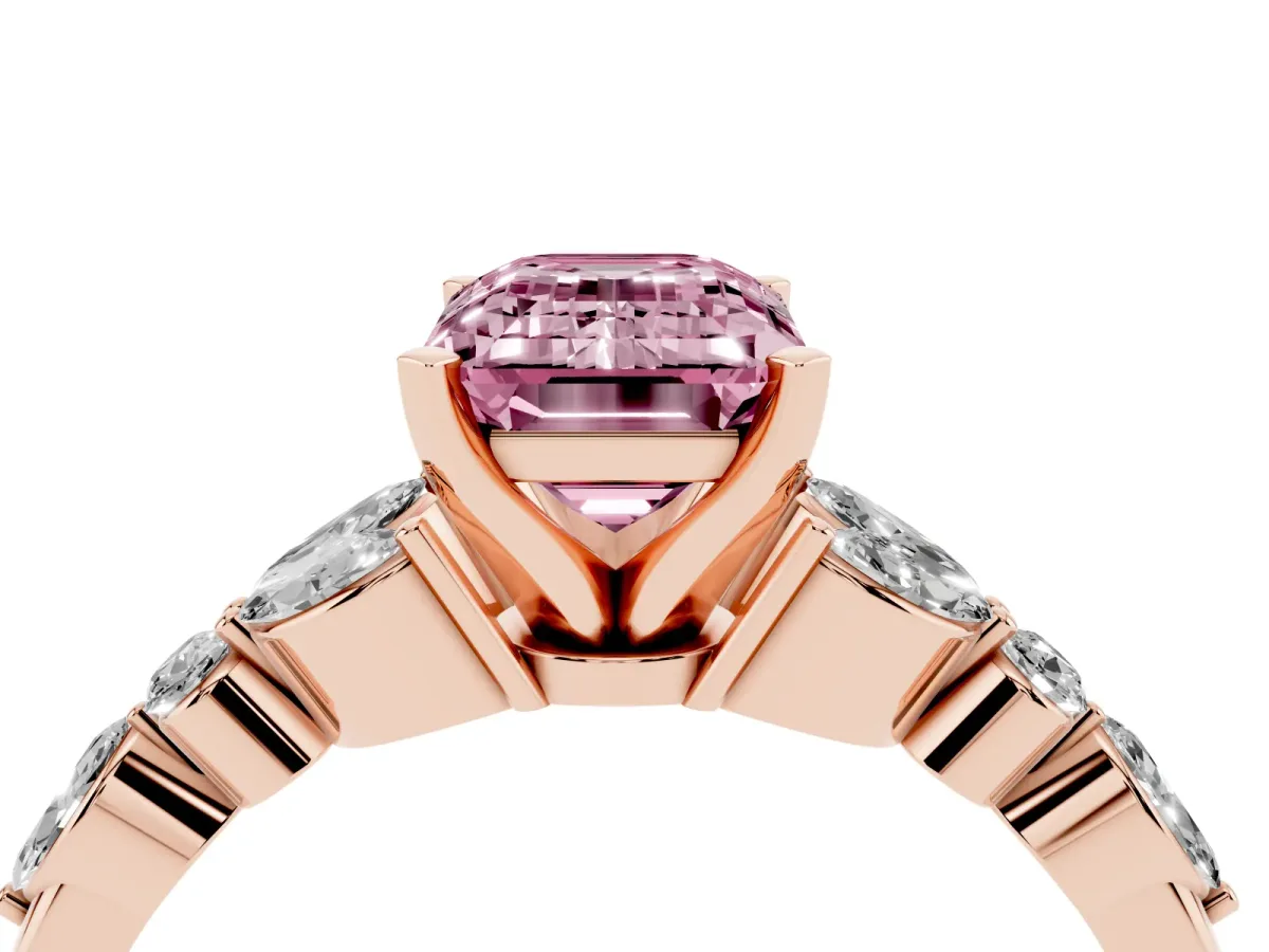 Fancy Pink Emerald Cut Diamond Solitaire Ring with Side Stones and Four-Prong Setting Rose gold