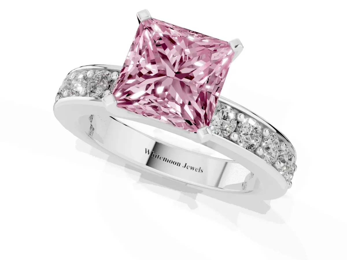 Fancy Pink Princess Cut Diamond Engagement Ring with Channel Set Round Band and Prong Setting Silver
