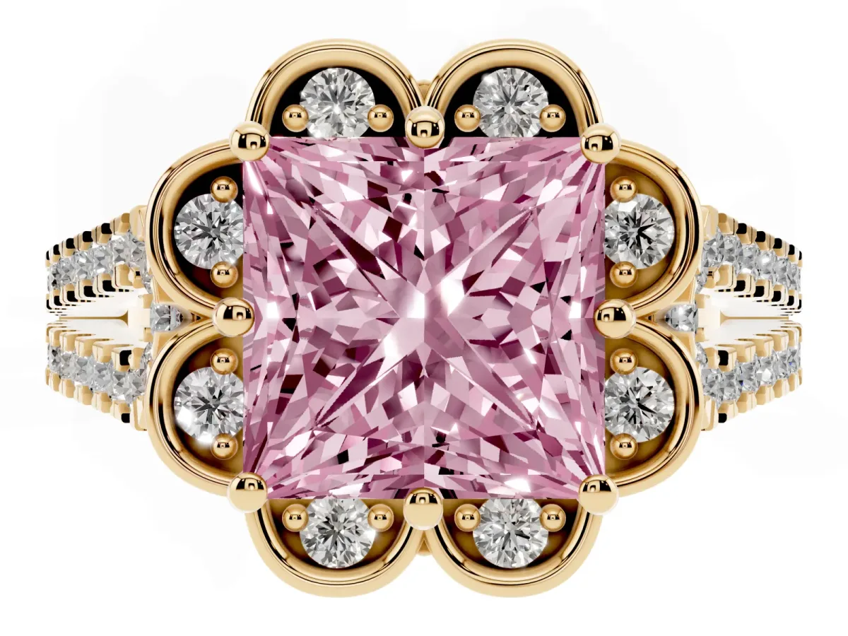 Fancy Pink Princess Cut Halo Diamond Floral Split Shank Engagement Ring Yellow gold