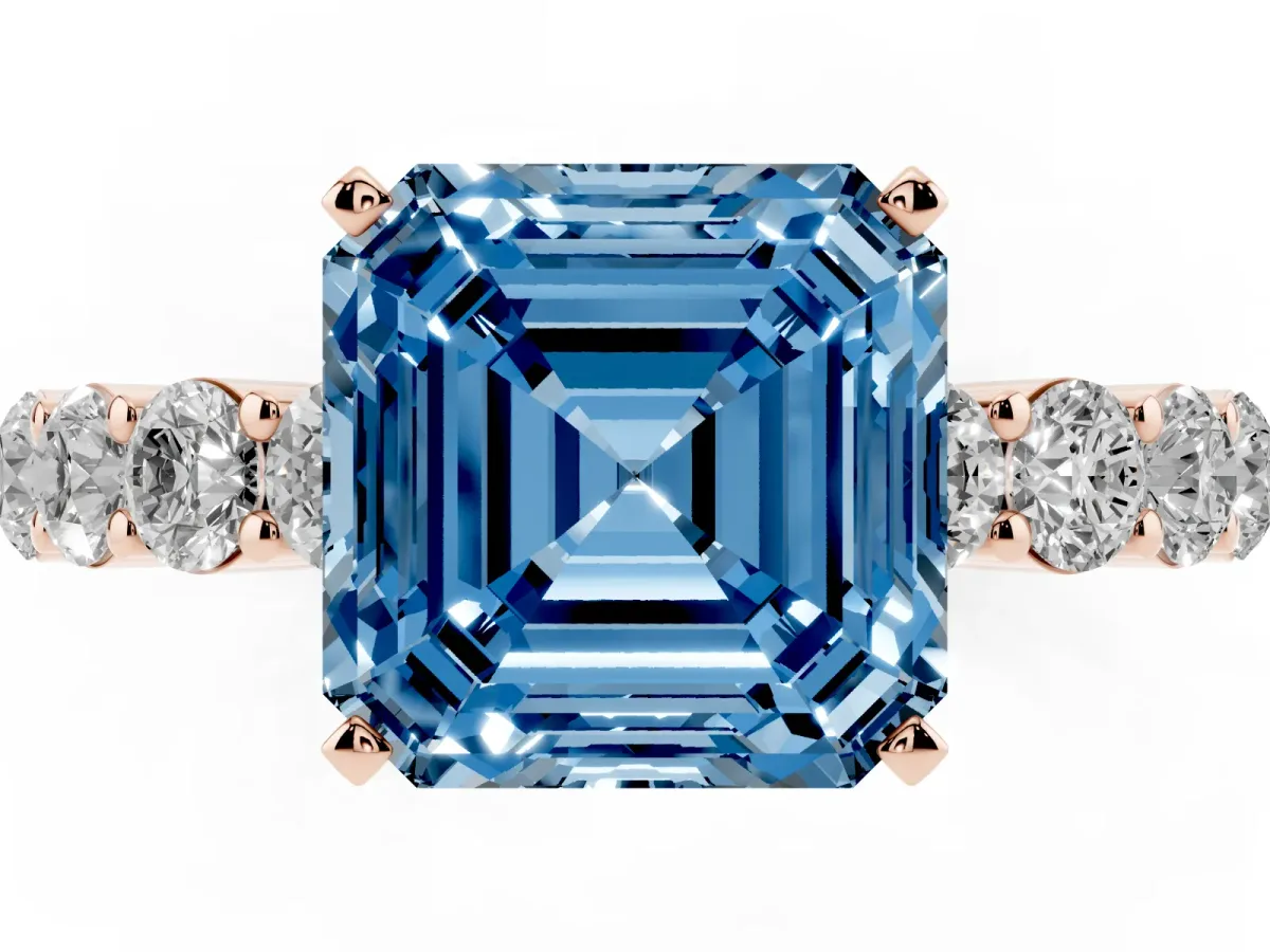 Fancy Blue Asscher Cut Diamond Solitaire Ring with Shared Prong Round Side Stones Rose gold