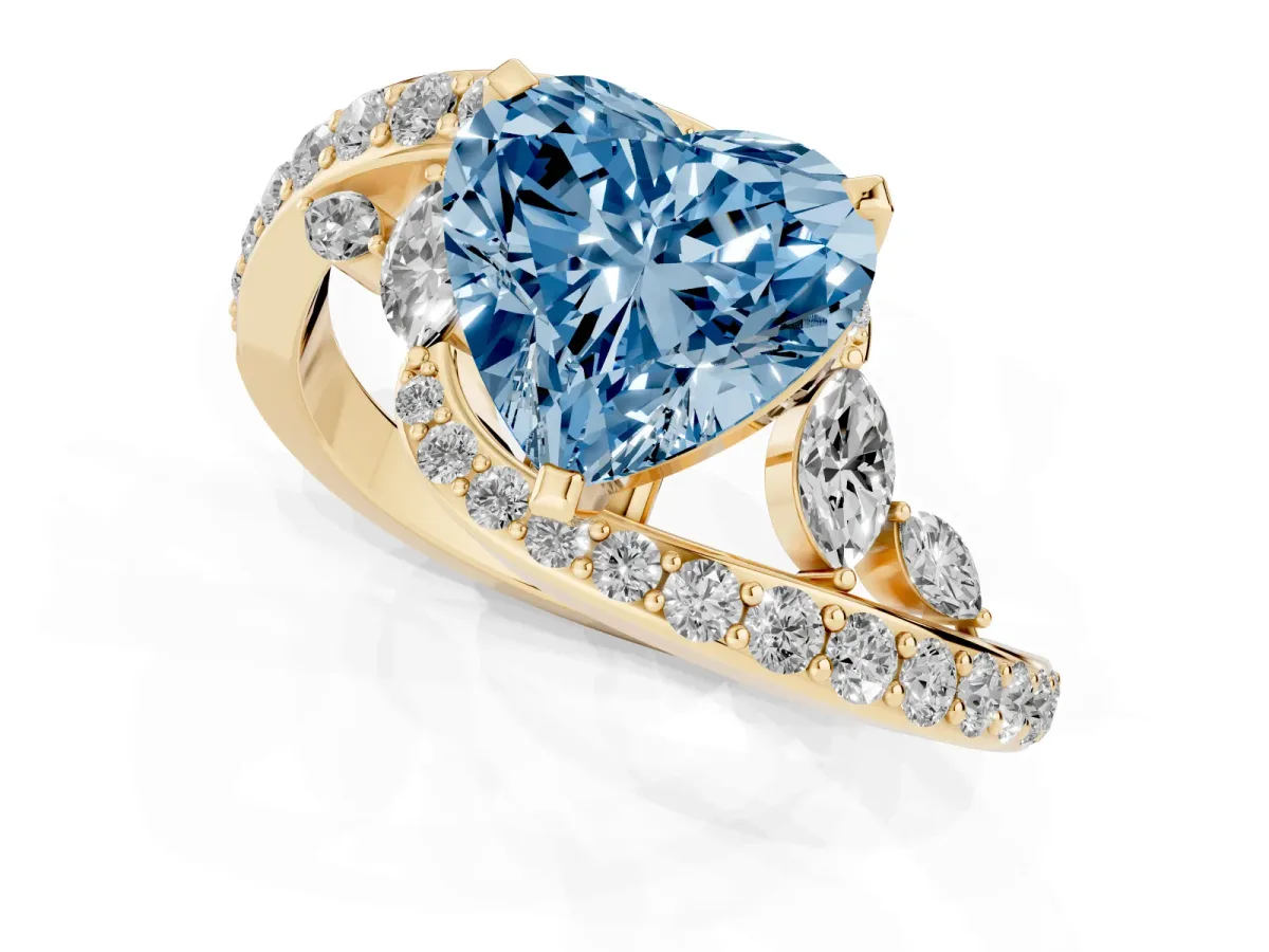 Fancy Blue Heart Cut Solitaire with Pavé Twist Band and Four-Prong Setting Yellow gold