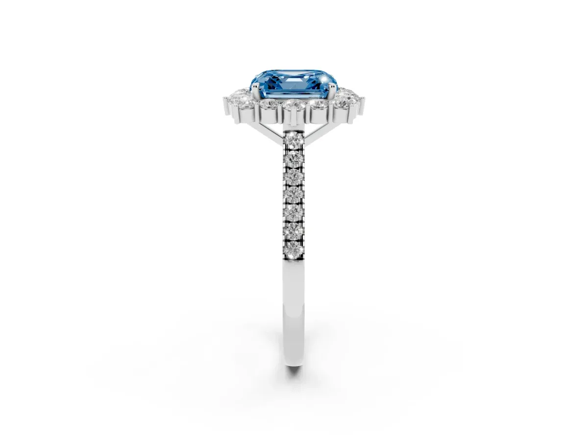 Fancy Blue Asscher Cut Halo Diamond Ring with Pavé Band and Prong Setting Silver