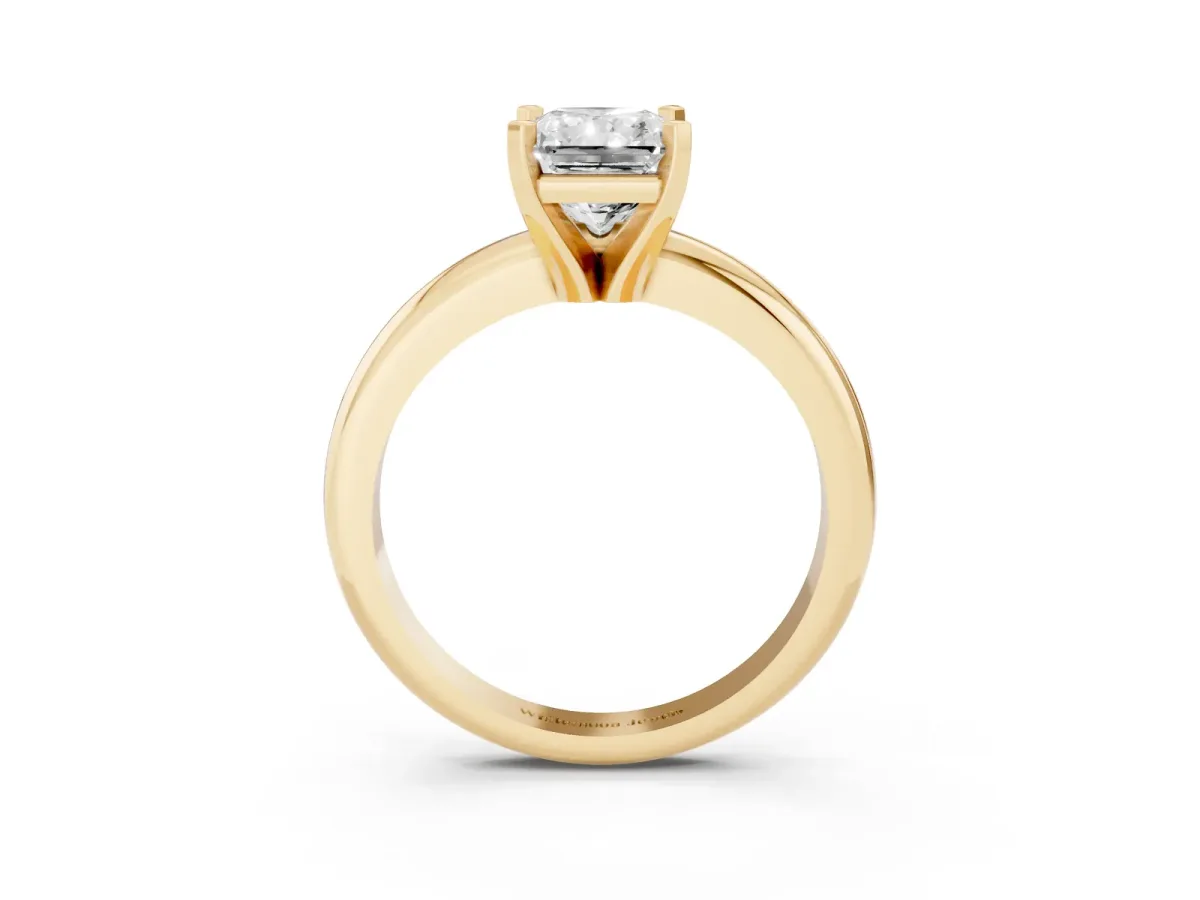 Radiant Cut Diamond Solitaire Engagement Ring with Round Band and Four-Prong Setting Yellow gold