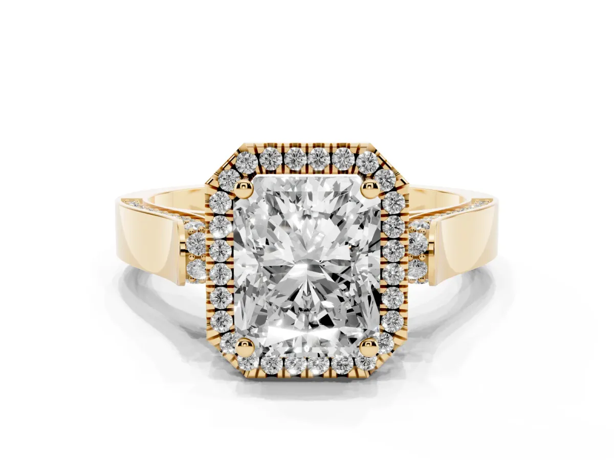 Radiant Cut Halo Pave Split Shank Prong Setting Ring Yellow gold