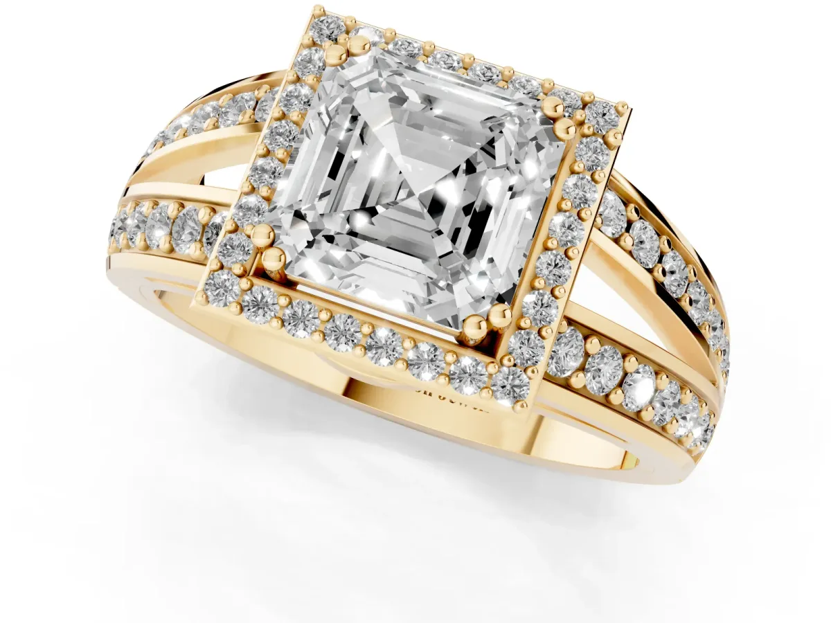 Asscher Cut Diamond Halo Ring with Split Shank Pavé Band and Four-Prong Setting Yellow gold