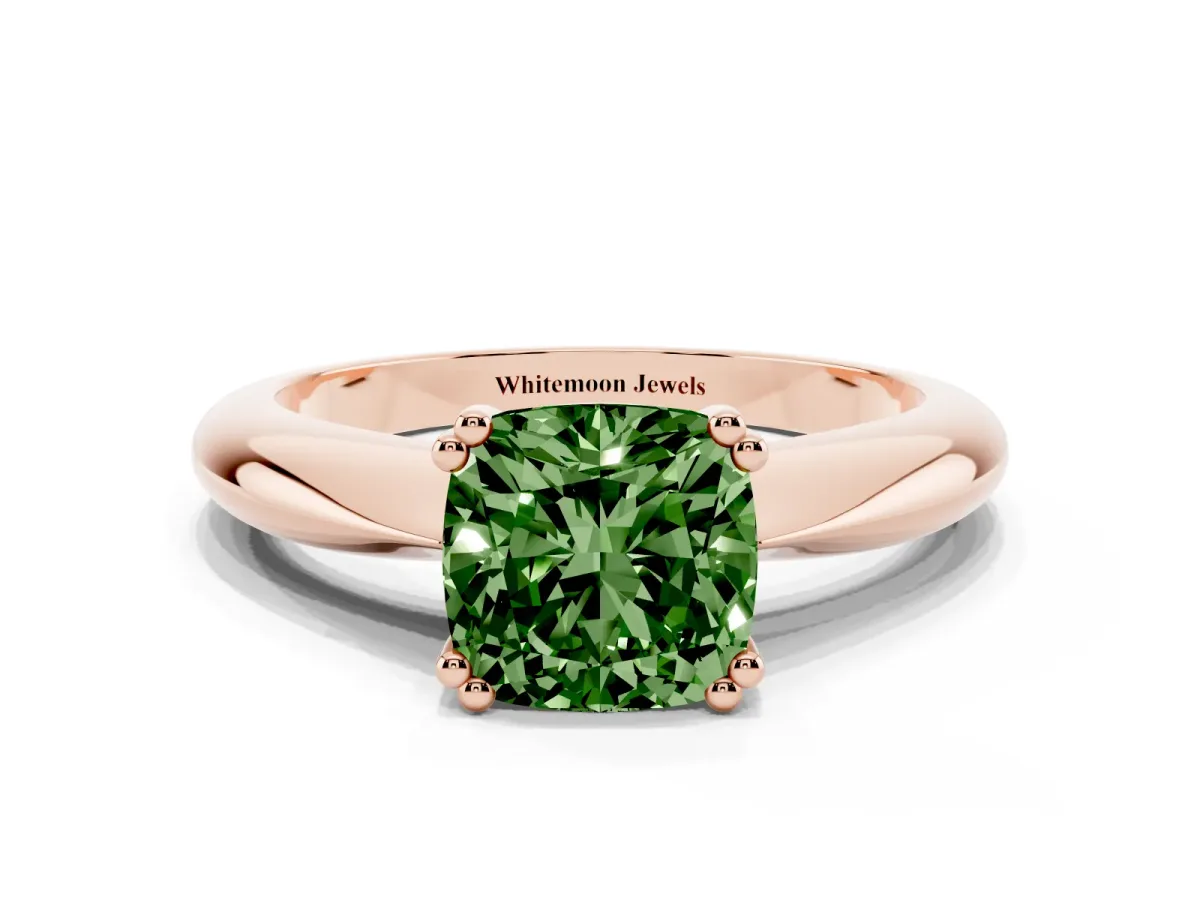 Fancy Green Cushion Cut Cut Solitaire Engagement Ring with Tapered Band and Four-Prong Setting Rose gold