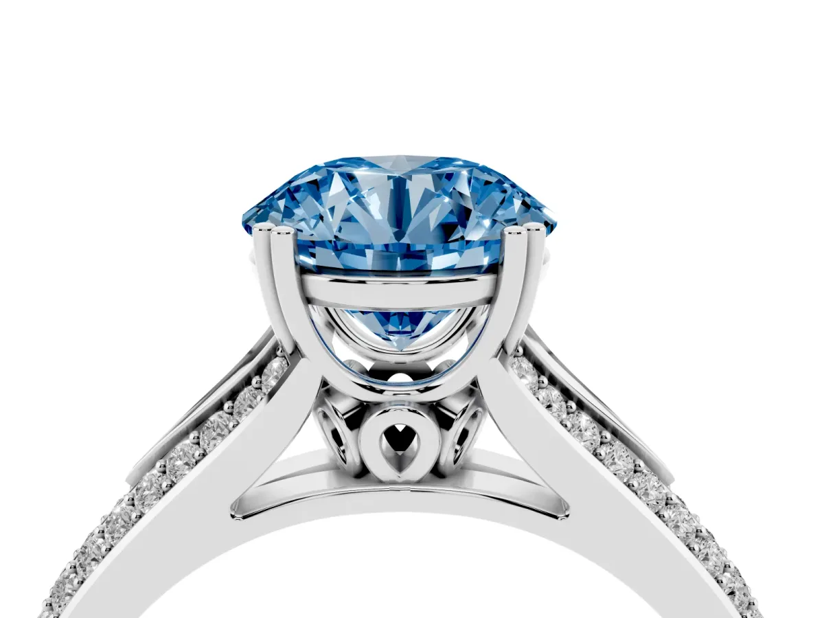 Fancy Blue Round Cut Diamond Split Shank Engagement Ring with Pavé Band Silver