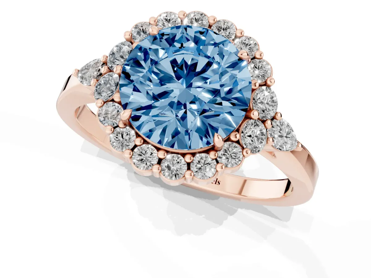 Fancy Blue Round Cut Diamond Halo Ring with Pear Side Stones and Prong Setting Rose gold