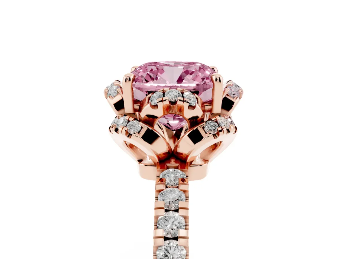 Fancy Pink Cushion Cut Halo Diamond Pave Band Ring with Four-Prong Setting Rose gold
