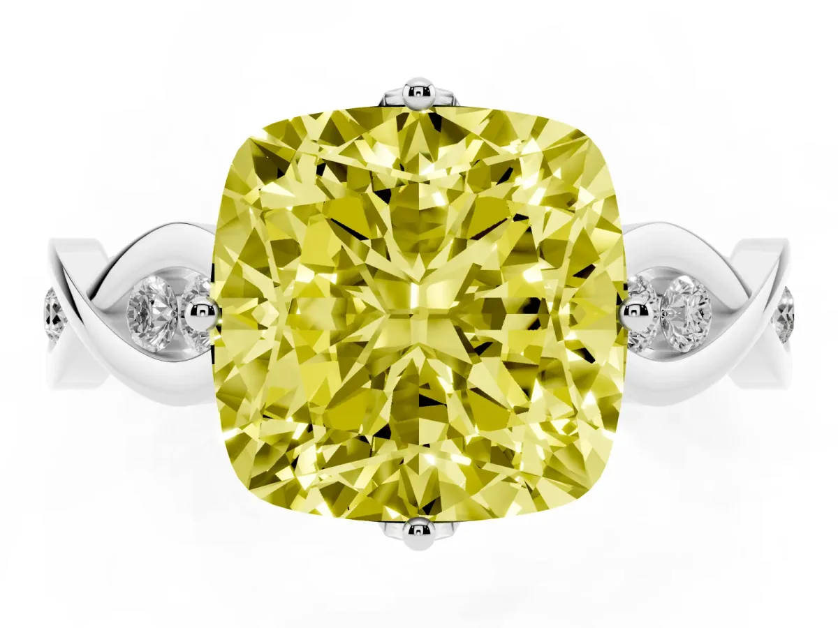 Fancy Yellow Cushion Cut Solitaire Twist Band with Leaf Prong Setting Silver