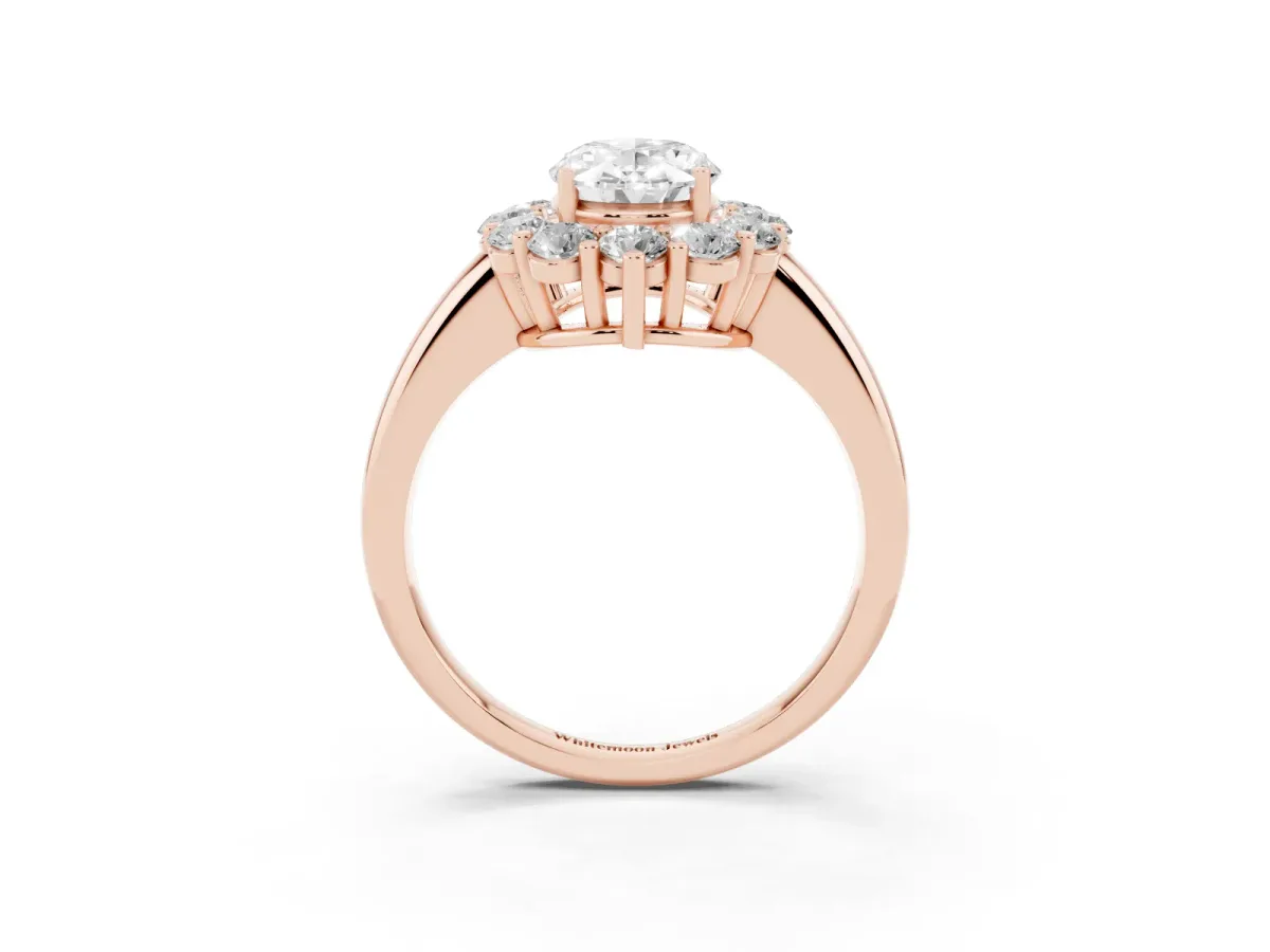 Oval Cut Halo Cluster Diamond Engagement Ring with Prong Setting and Polished Band Rose gold