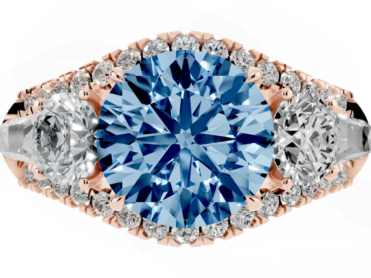 Fancy Blue Three-Stone Round Cut Diamond Engagement Ring with Pave Band and Prong Setting Rose gold