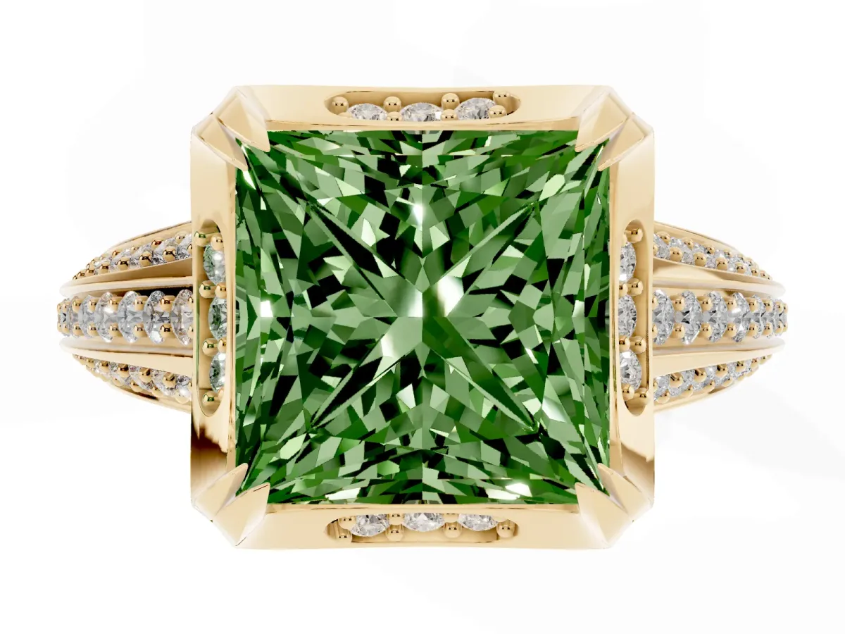 Fancy Green Princess Cut Solitaire Pave Split Shank Ring with Four-Prong Setting Yellow gold