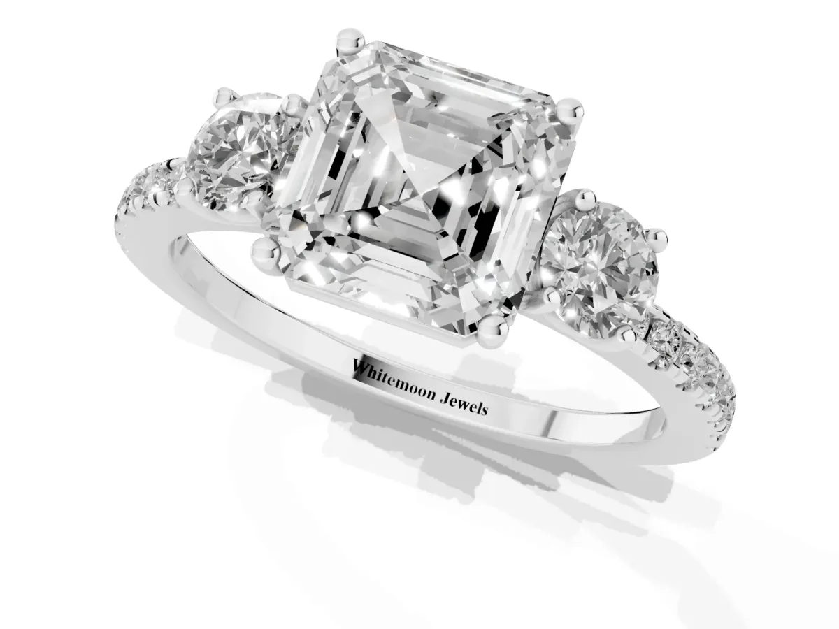 Three-Stone Asscher Cut Cut Diamond Pavé Band with Prong Setting Platinum
