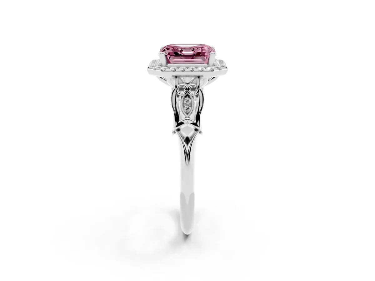 Fancy Pink Asscher Cut Halo Diamond Engagement Ring with Filigree Band and Four-Prong Setting Platinum