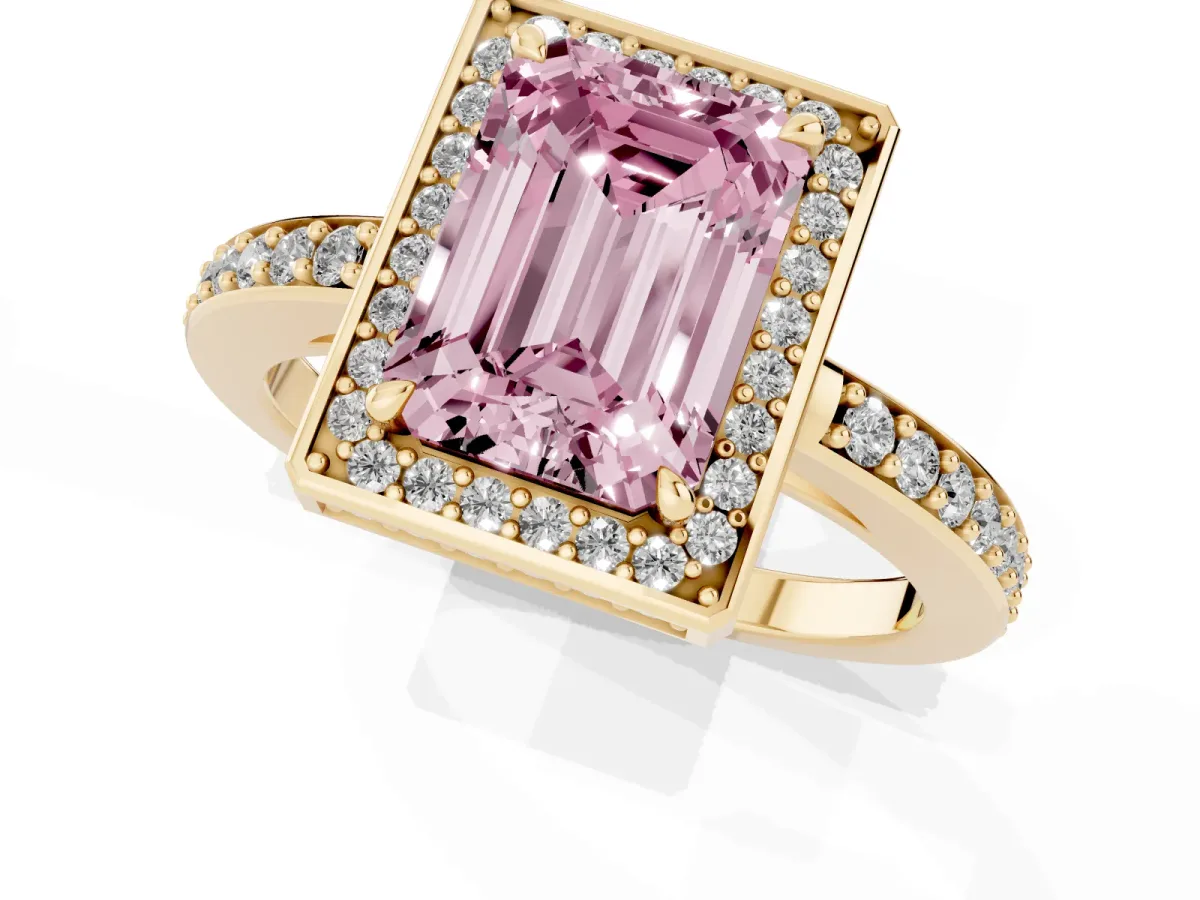 Fancy Pink Emerald Cut Halo Pave Band Solitaire Ring with Prong Setting Yellow gold