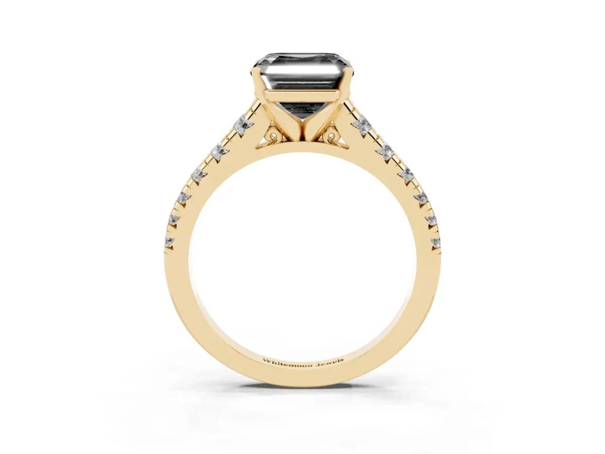 Fancy Black Asscher Cut Diamond Cathedral Solitaire Ring with Round Pavé Band Yellow gold