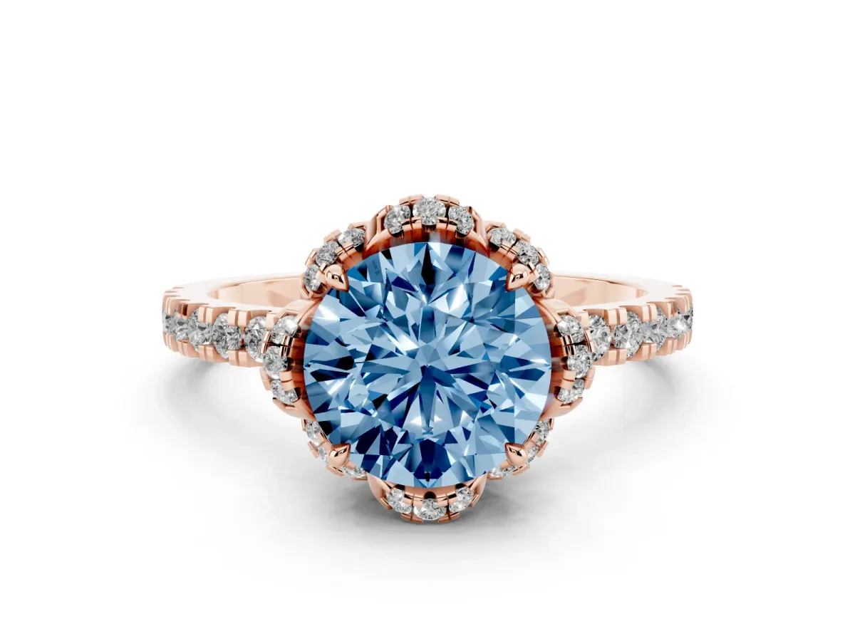 Fancy Blue Round Cut Halo Diamond Pave Band Ring with Four-Prong Setting Rose gold