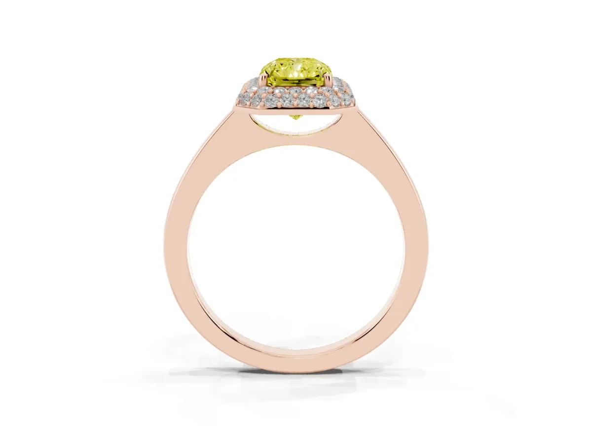 Fancy Yellow Radiant Cut Halo Diamond Engagement Ring with Solitaire Band and Four-Prong Setting Rose gold